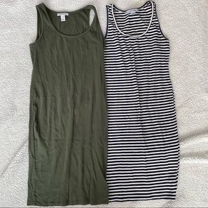 Bundle of ribbed tank maternity dresses Olive green & Blue & white striped Sz M